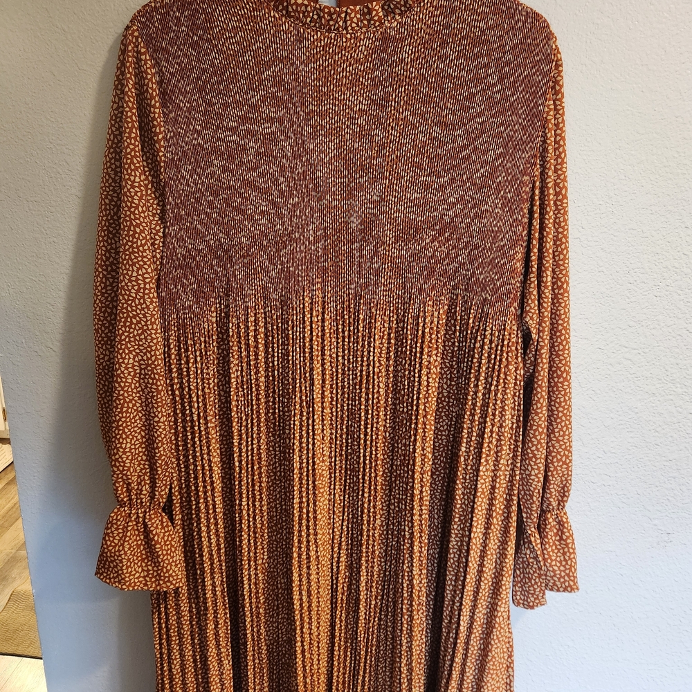 Indie&Co Rust Tan Colored Midi Dress XL Flowy Modest Long Sleeve